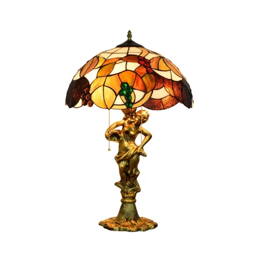 Настольная лампа Тиффани Autumn OFT933 Tiffany Lighting разноцветная коричневая зелёная белая 2 лампы, основание золотое металл в стиле тиффани виноград цветы